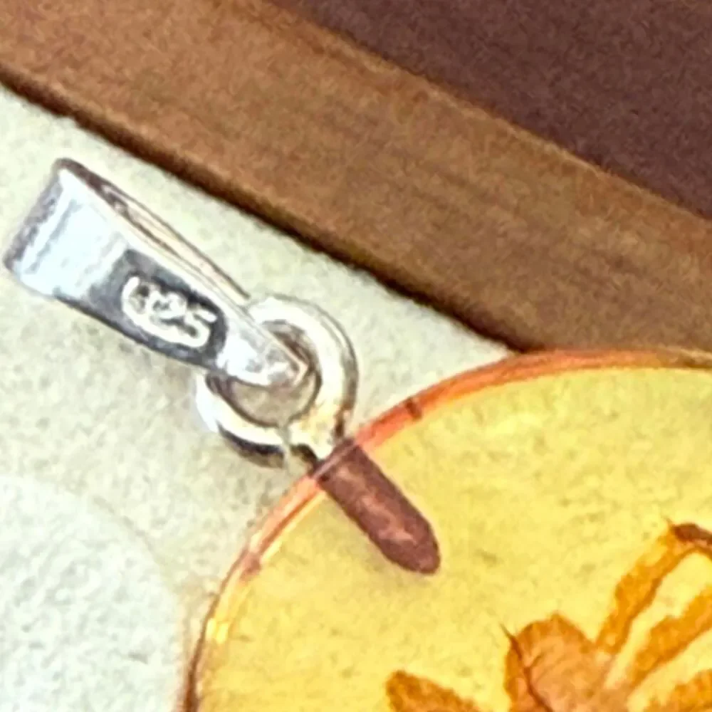 Natural Baltic Amber Spider Etched Pendant Necklace Sterling